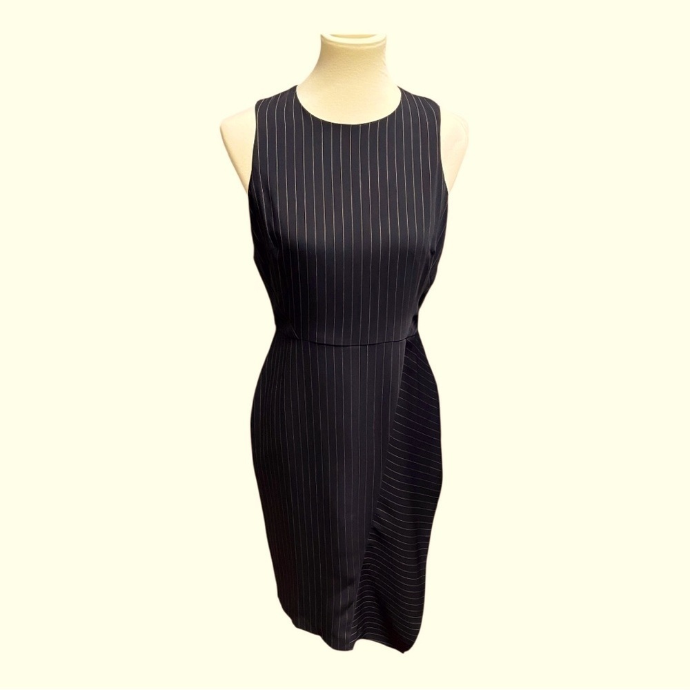 Not Available WHBM White and Black Pinstriped Asymmetrical Dress